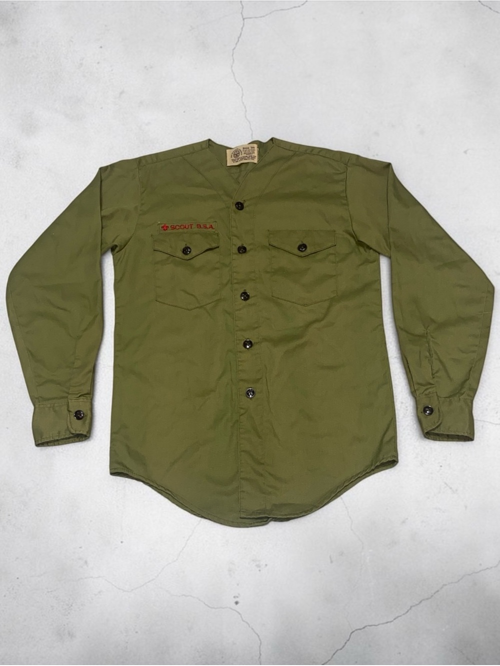 BSA Jersey Boy Scouts  Long Sleeve Shirt 70s Vtg Camp Olive Green size unknown